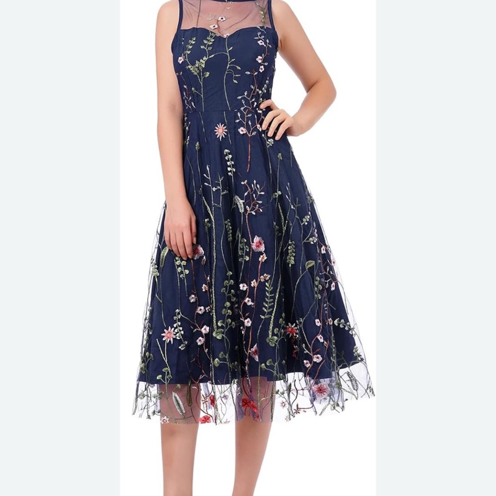 NWOT-Floral Embroidered  Dress - Navy and Multicolor